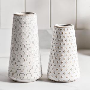 Ceramic Vase for Decor, 6 Inch+7.1 Inch White Flower Vase for Lego Flowers, Tulip and Pampas Grass, Embossed Farmhouse Vases for Center pieces, Home Living Room Dining Table Office Decor, Arctic White
