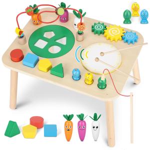 Activity Table for 1+ Year Old, 7 in 1 Wooden Montessori Activity Center Play Table with Drum, Bead Maze Shape Sorter Fishing Game, Kids Sensory Educational Toddler Learning Toys 1st Birthday Gifts