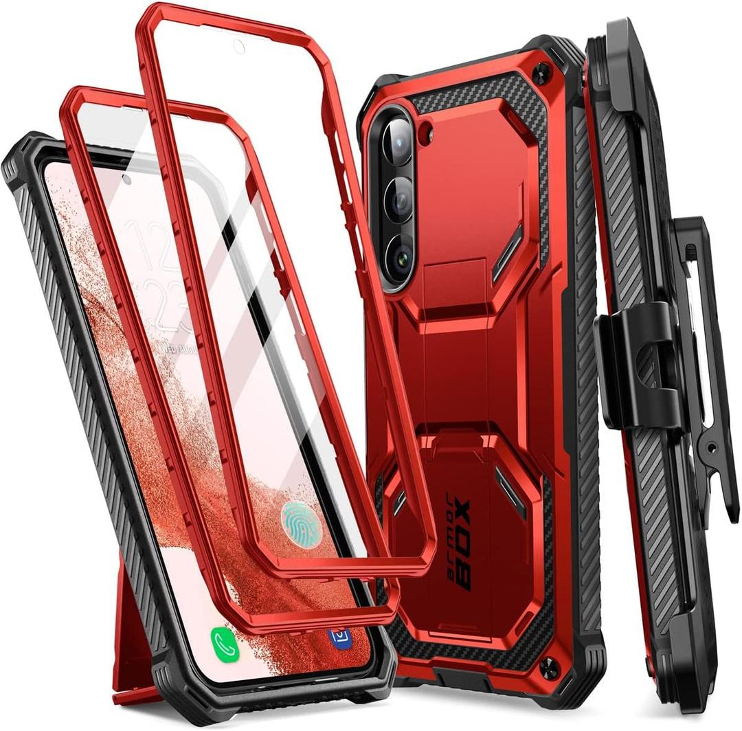 i-Blason Armorbox for Samsung Galaxy S23 Case with Stand & Belt-Clip [Built-in Screen Protector] [2 Front Frames] [Military-Grade Protection] Full-Body Rugged Bumper Case with Kickstand (Ruddy)