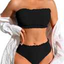 ZAFUL Women Strapless Bandeau Bikini Shell 2 Piece Swimwear Cheeky Solid Lace up Pom Bathing Suits (Small, 9-black)
