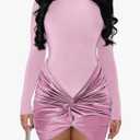 Ekaliy Women's Sexy Long Sleeve Mini Dress Elegant Crew Neck Twist Waist Ruched Bodycon Cocktail Party Short Dresses XL