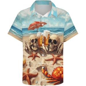Mens Beer Skull Print Button Down Shirt Fun Hawaiian Shirts Casual Beach Shirt Short Sleeve (XL)