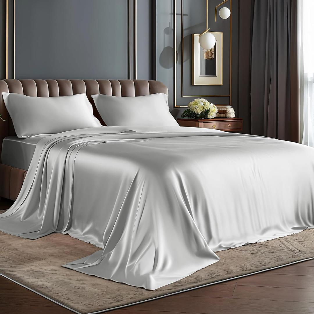 BEDELITE King Size Sheets Set, Luxury Soft Grey Satin Sheets for Hair and Skin, Similar to Silk Bed Sheets Set 4 Pieces with 1 Deep Pocket Fitted Sheet, 1 Flat Sheet, and 2 Pillowcases