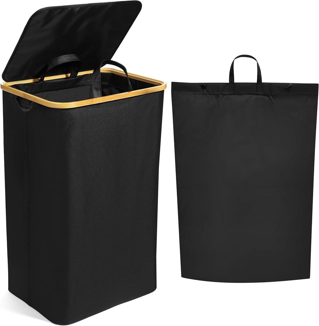 Luxe Laundry Clothing Hamper - 120L Large Laundry Basket with Bamboo Lid & Removable Inner Bag for Dirty Clothes - Free Standing, Tall, Collapsible, High-Capacity & Stylish Design Basket Bin, Black
