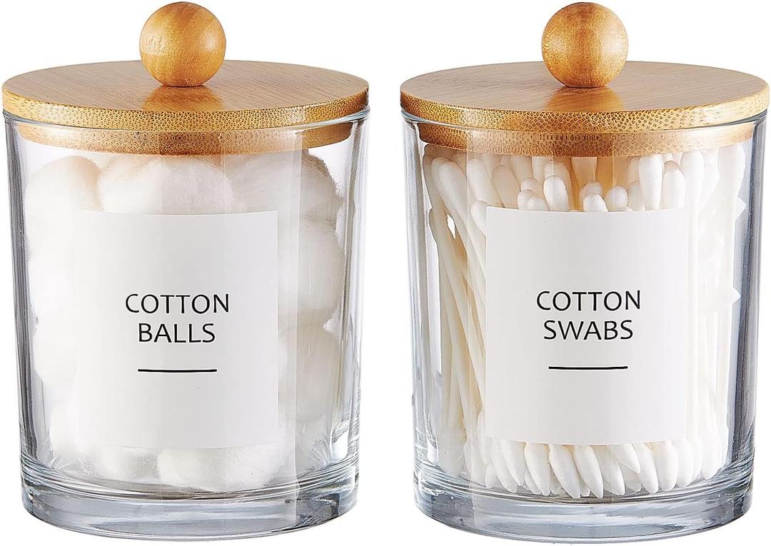 Glass Apothecary Jars with Bamboo Lids for Bathroom Organization, Q tip Holder and Cotton Ball Holder are Great for Farmhouse Decor, Rustic Bathroom Decor-2 Pack