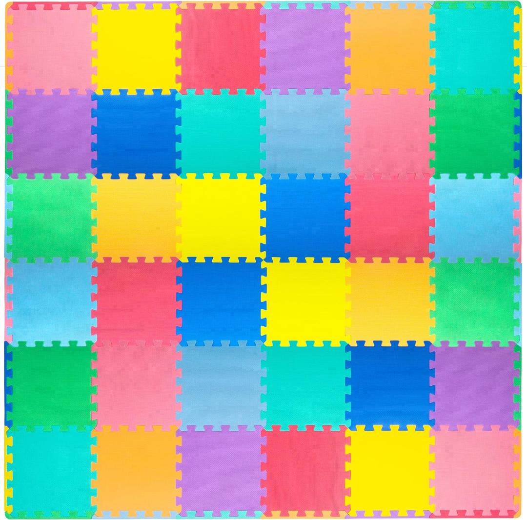 ProSource Baby Play Mat, Soft Foam Floor Tiles for Kids, Interlocking EVA Panels for Playpen Use, Crawling Development Surface, Safe Non-Toxic Toddler Flooring, 36 Tiles, Multicolor