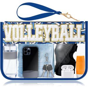 BuyCard Volleyball Gifts Makeup Bag with Chenille Letter Patch, Clear Cosmetic Pouch PVC Organizer Purse, Waterproof Travel Bag, Portable Toiletry Storage Bag for Her Friends
