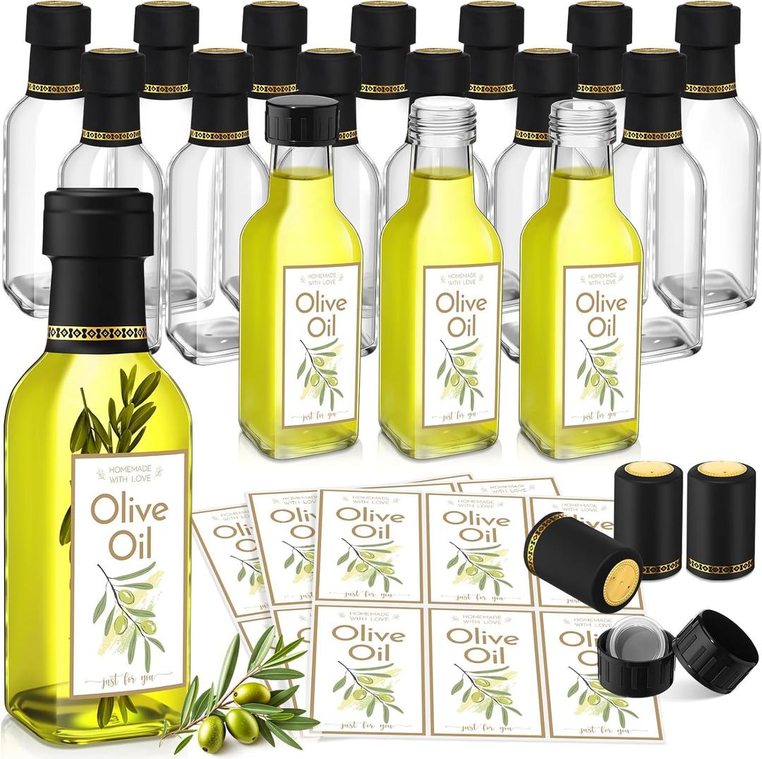 LemonRoad 20 Pcs 5oz Homemade Olive Oil Bottles Square Hot Sauce Glass Bottles Clear with Leak Proof Screw Cap and Stickers for Storing Homemade Olive Oil Wedding Baby Shower Party Favors