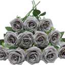 12pcs Artificial Rose Flower Grey Rose Flowers with Long Stem Silk Roses Bouquet for Wedding Bridal Shower Party Home Decoration