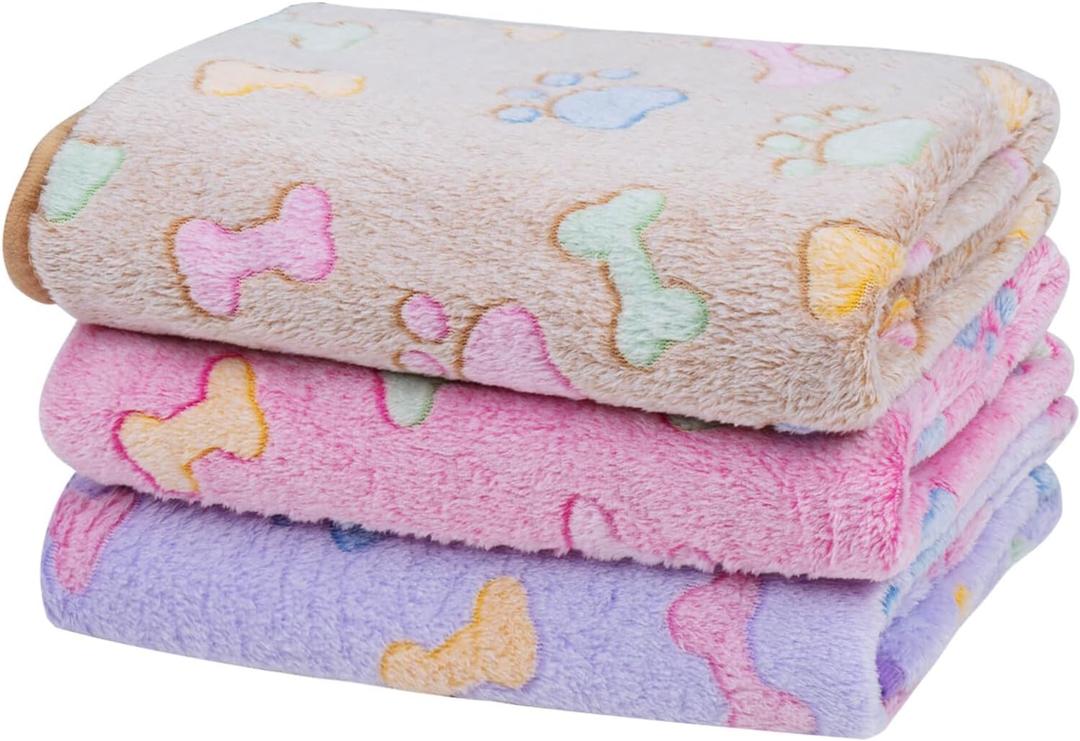 Dono 1 Pack 3 Dog Blankets, Soft Fluffy Fleece Pet Blanket Warm Sleep Mat Paw Print Design Puppy Kitten Throw Blanket Doggy Mat Blanket for Dogs (Brown/Pink/Purple)