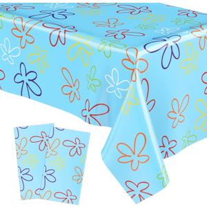 Oudain 2 Sheets Sponge Birthday Party Supplies Blue Ocean Flower Tablecloth 54 x 108 Inch Plastic Table Covers for Birthday Party Decorations