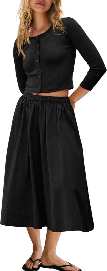 Panadila Womens 2 Piece Lounge Sets Matching Vacation Outfits Ribbed Button Down Cardigan and Elastic Waist Skirt Sets (Medium, Black)