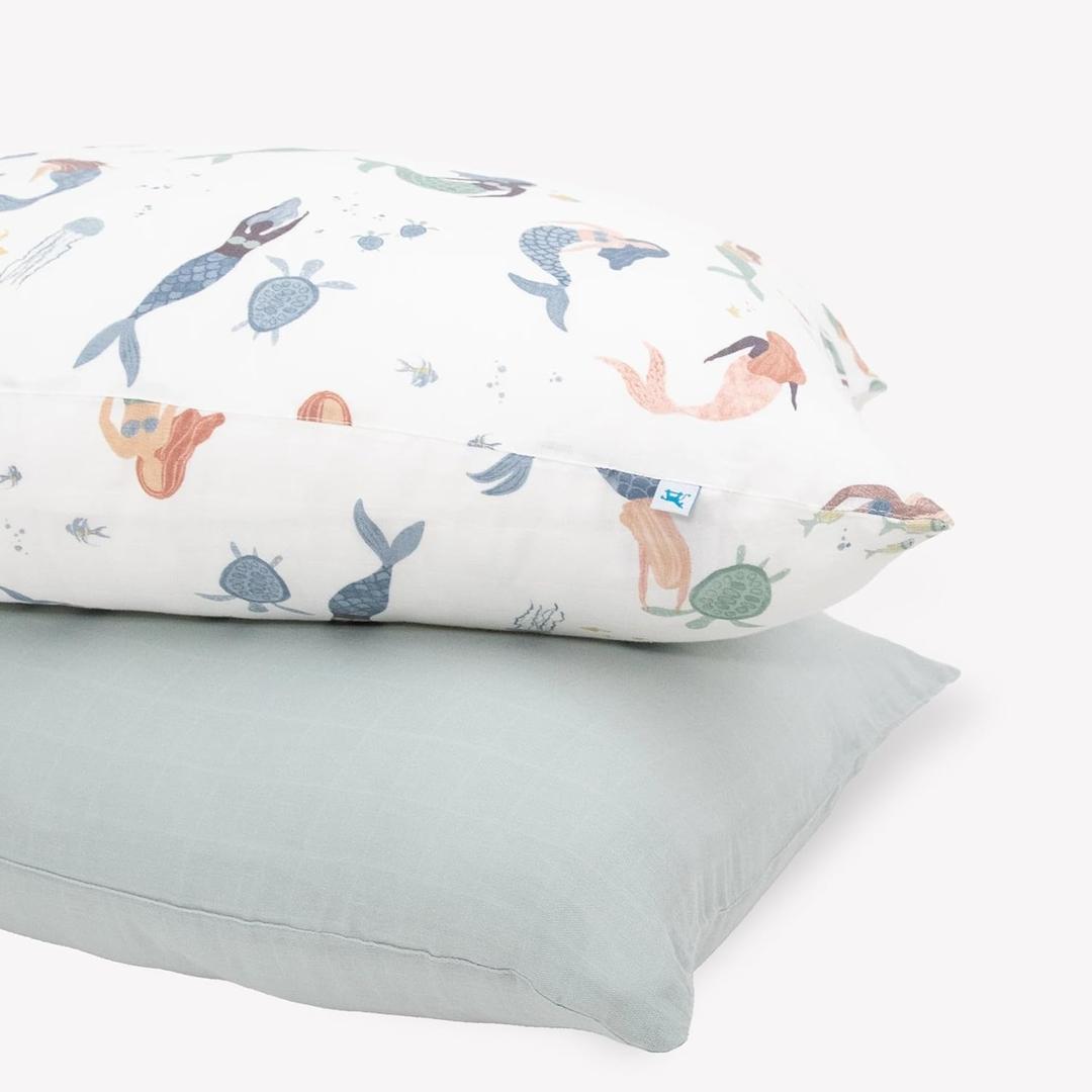 Little Unicorn Standard Pillowcase 2 Pack | Super Soft & Breathable Muslin Fabric | Snug Envelope Closure | for Crib and Toddler Bed (Mermaid Party)