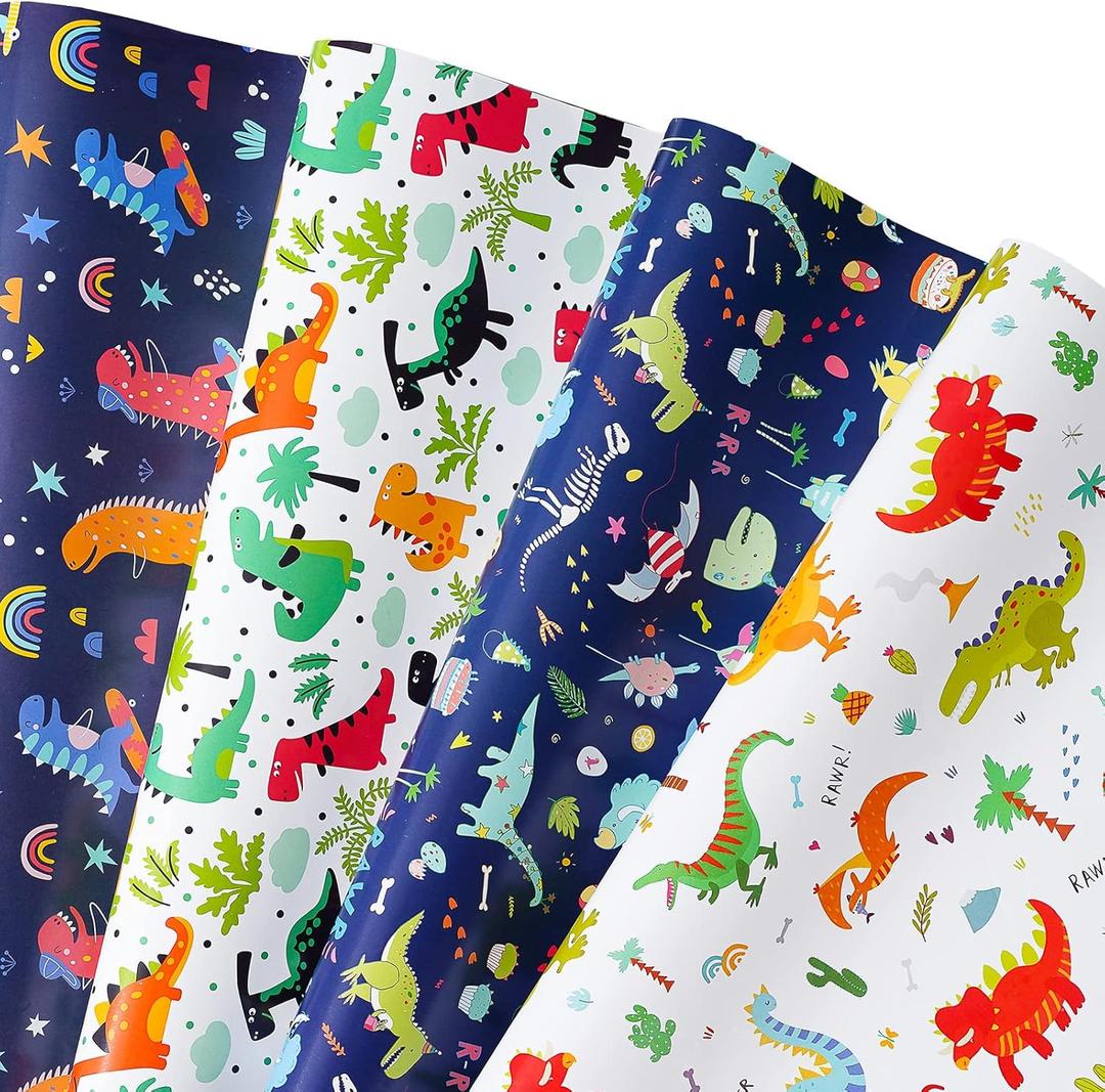 Titiweet Dinosaur Wrapping Paper for Boys Girls Kids - Dinosaur Gift Wrap, 12 Sheets Dino Wrapping Paper for Christmas Birthday Holiday, 20 x 28 Inches Per Sheet
