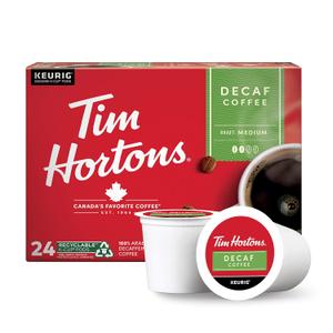 Tim Hortons Decaf, Medium Roast Coffee, Single-Serve K-Cup Pods Compatible with Keurig Brewers, 24ct K-Cups (EXP 05/30/27)