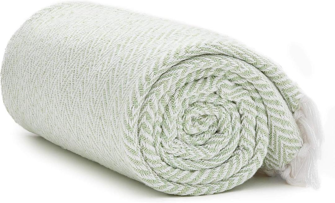 Americanflat 50x60 Throw Blanket - Soft and Breathable Cotton Throw Blanket for Couch, Bed, Chair - Decorative Blankets Perfect for Home or Outdoor Use - Light Green and White Herringbone Design
