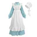 Nuoqi Prairie Dress Women Adult Pioneer Dress Long Colonial Costume with Bonnet Apron Lake Green M