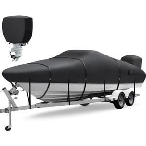 Boat Cover 14-16 ft, Upgraded 1800D Boat Cover, 6000Pa Waterproof Heavy Duty Boat Covers with Motor Cover Fits BassBoat, V-Hull Tri-Hull Boat, Runabout Bowrider, 14' 15' 16', Black