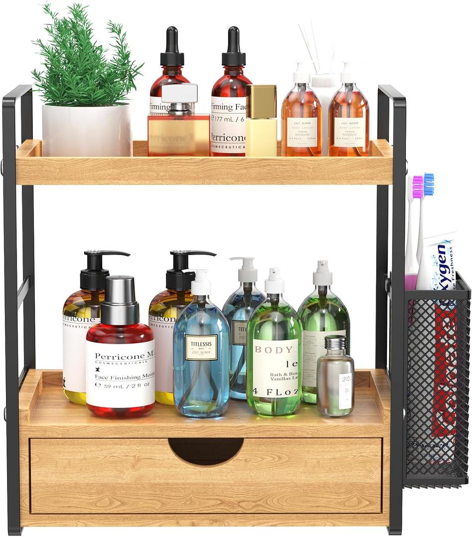 LEMIKKLE Bathroom Counter Organizer with Basket, Bathroom Organizers and Storage,Skincare Organizers for Vanity,Storage Organizers for Bathroom, Kitchen, Dresser (Light Brown with Drawer)