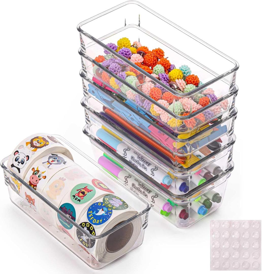 Ohlove 6Pcs Clear Plastic Drawer Organizers Tray 6" x 3" Storage Bins with 25Pcs Non-slip Pads for Makeup, Jewelries, Kitchen Utensils, Bathroom and Office