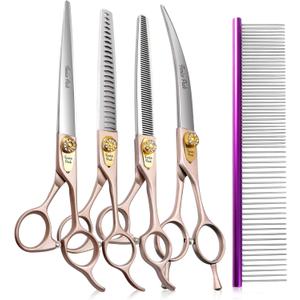 Fenice Peak 7 Professional Dog Grooming Scissors Set Rose Gold 440C Stainless Steel Straight Thinning Curved Chunker Shears 4pcs Set for Pet Grooming Services Dogs and Cats (Combo)