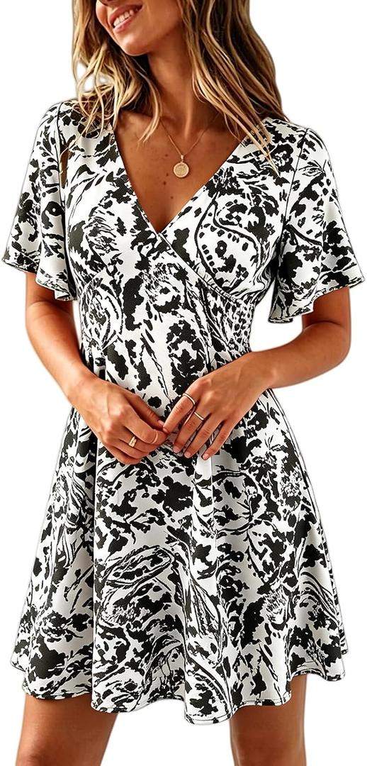 Casual Summer Dresses for Women Short Sleeve V Neck A Line Floral Mini Dress Flowy Beach Vacation Sundresses 2026 (M)