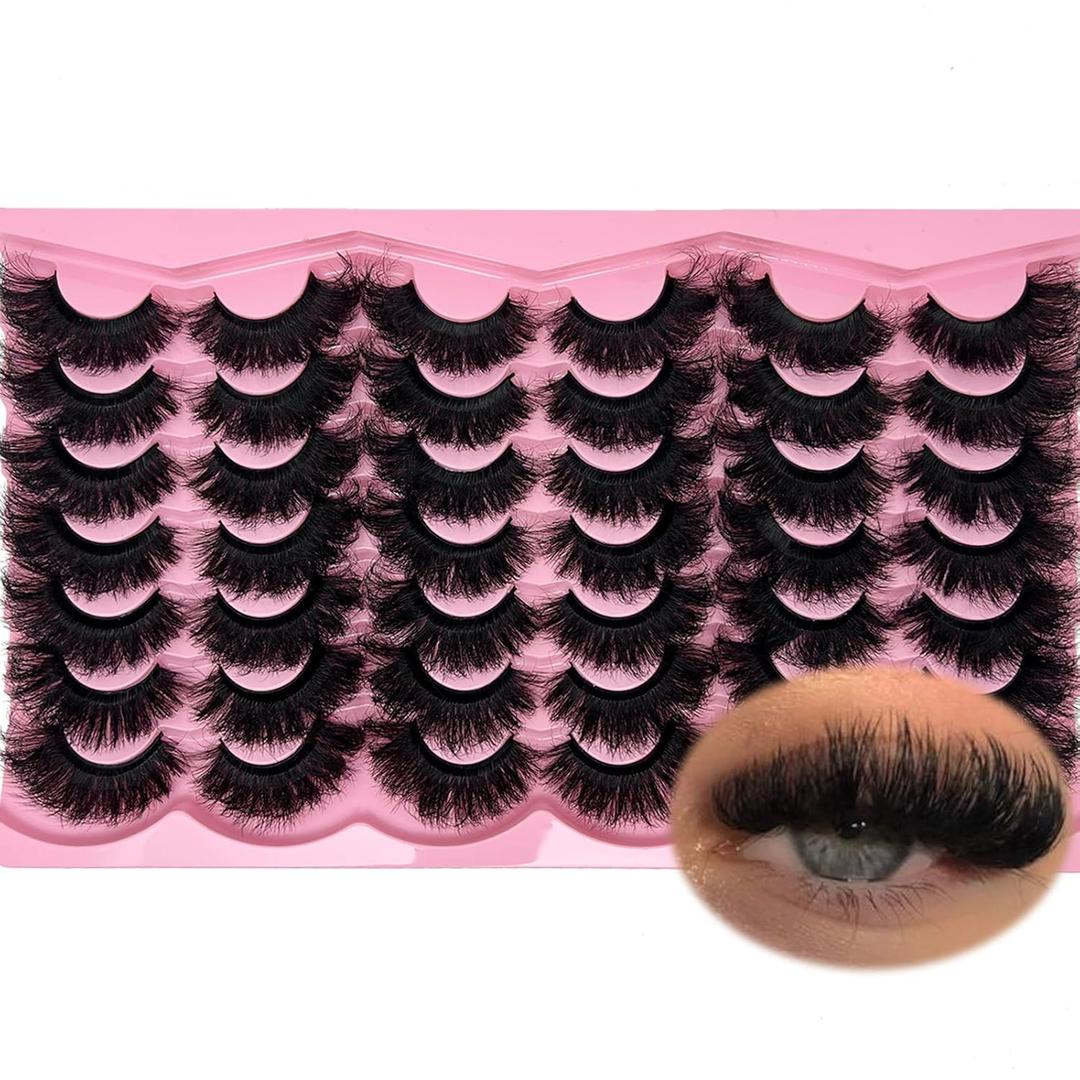 Mink Lashes Fluffy Big Dramatic Cat Eye Strip Lashes Pack D Curl 25mm Long 3D Volume Thick Faux Mink False Eyelashes Bulk 21 Pairs