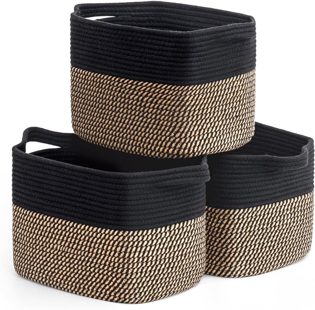 Goodpick Black Woven Rope Basket Set of 3, Shelf Storage Baskets for Books, Towels, clothes, Rectangle Decorative Basket for Living Room, Bedroom, Toy Bin for Nursery