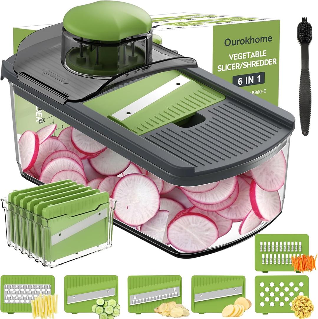 Ourokhome Mandolin Food Slicer, Hand Safe Kitchen Vegetable Shredder with 6 Mandoline Blades, Veggie Waffle Cutter for Potato, Carrot, Zucchini, Onion, Essential Kitchen Gadgets (6 in 1, Gray) (Green)