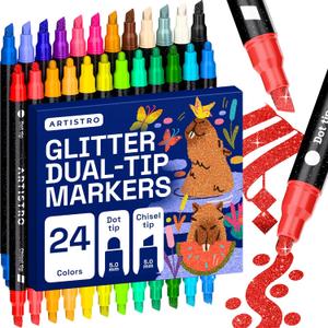 ARTISTRO 24 Shimmering Glitter Dual-Tip Paint Pens  Sparkly Markers with Acrylic Ink for Rock, Ceramic, Wood, Fabric, & More  Dot + Chisel Tips