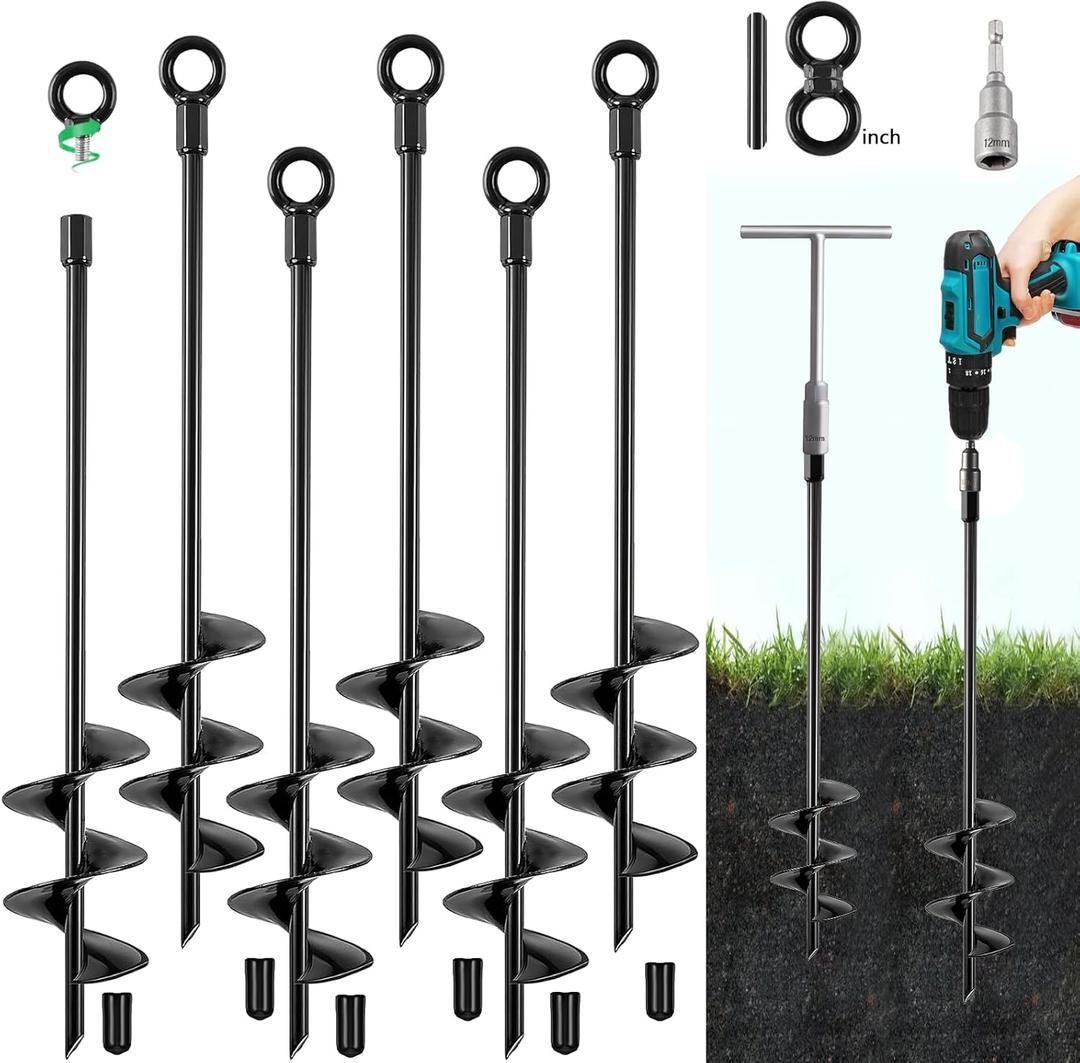 Ground Anchors Screw in, 18 Inch Heavy Duty Swing Set Ground Anchor Kit 6 Pack, Spiral Earth Trampoline Stakes High Wind Metal Auger Stakes for Dog Sheds Tent Carports Camping (Black)