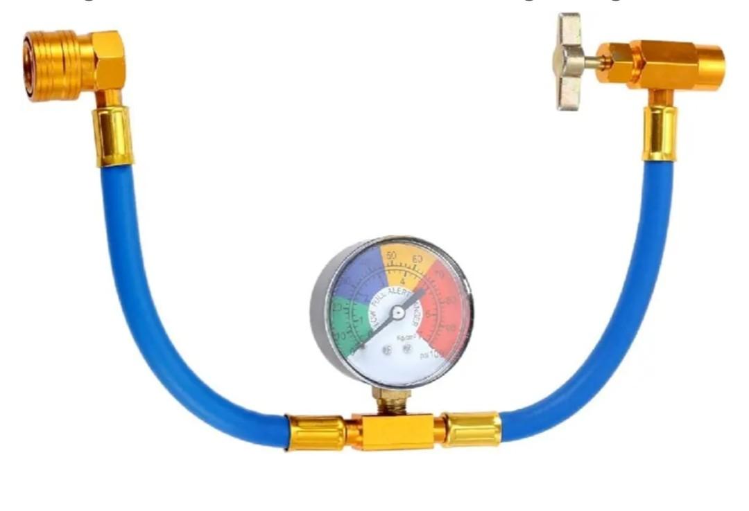 R134A AC Refrigerant Charge Hose Kit, 1/2’’ Self-Sealing Valve Can, and Recharge Hose with Pressure Gauge, Fits for Car AC Air Conditioning Refrigerant