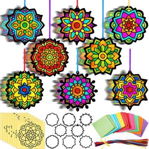 MotiMind 32 Sets Diwali Rangoli Mandala Suncatchers Paper Kit Mandala Flower DIY Window Stained Craft Glass Effect Tissue Paper Craft Bulk for Home School Classroom Party Decoration Gifts Art Activity