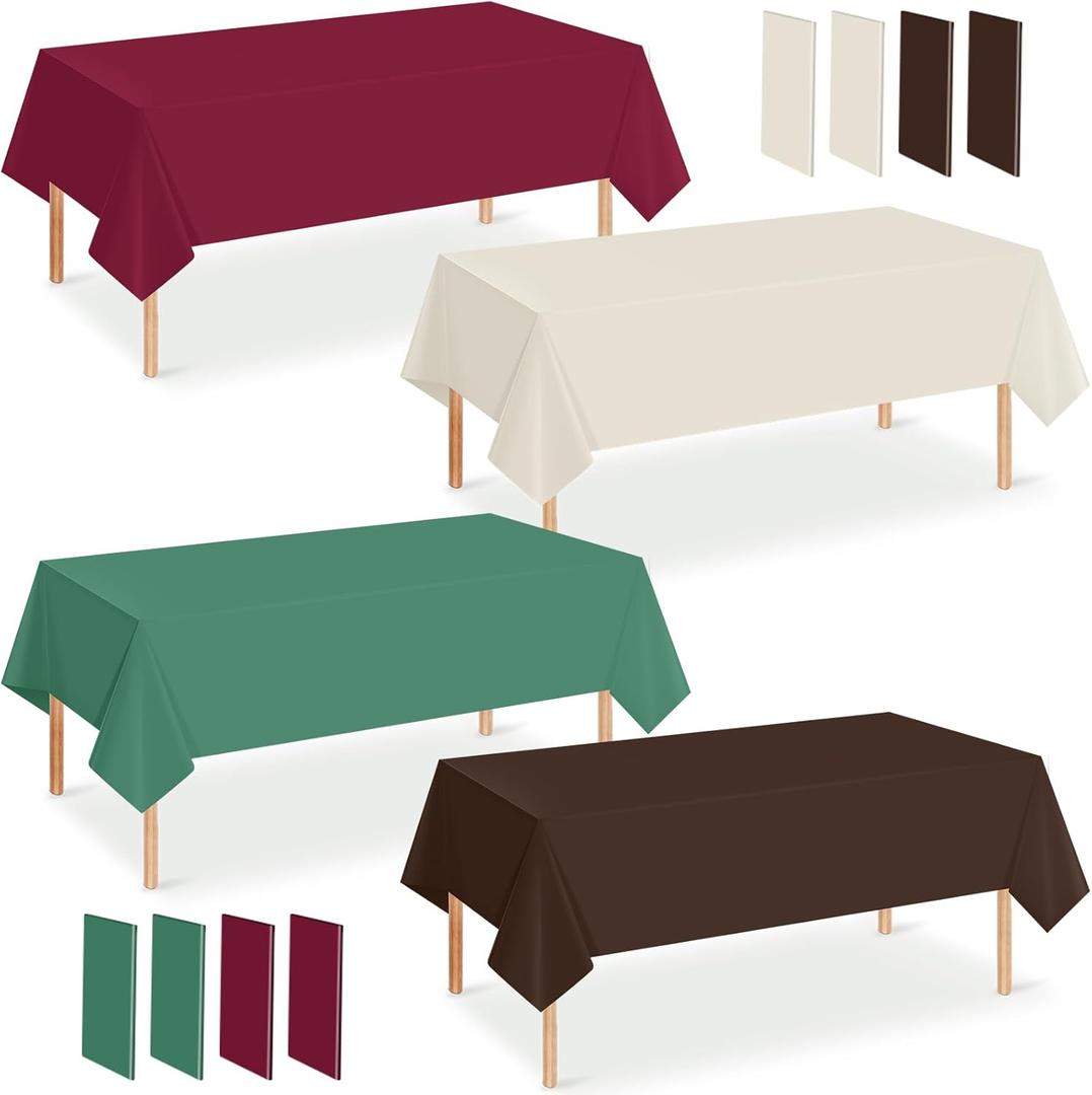 12 Pcs Plastic Christmas Tablecloth Rectangle Bulks, Disposable Beige Brown Green & Wine Red Party Tablecloth Xmas Table Cover for Picnic Birthday Christmas Party Supplies, 54x108 Inch