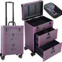 FRENESSA Rolling Nail Case Wheeled Manicure Storage Case Polish Organizer Professional Makeup Trolley for Studio or Travelling Nail Technician Artists Cosmetologist Stylist - Vegan Leather (Purple)