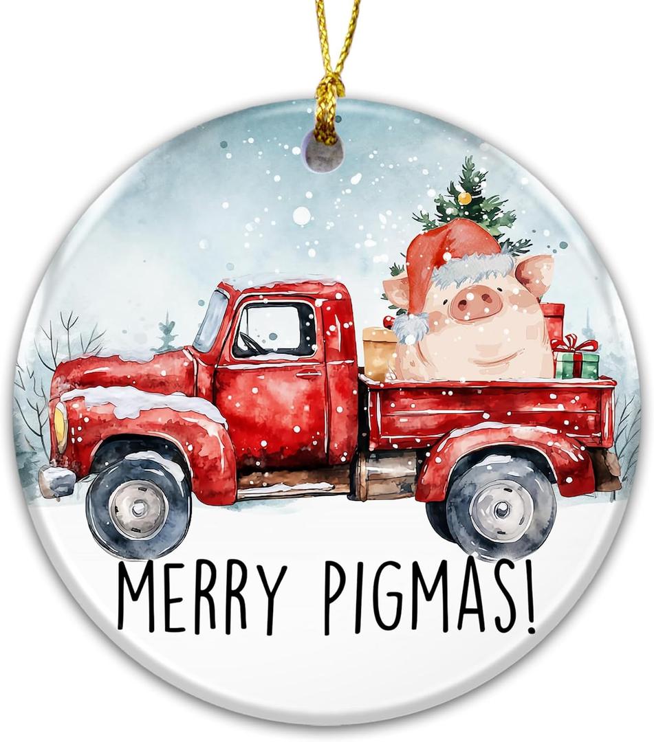 2 x Pig Ornament 2025, Merry Pigmas Christmas Ornament, White Elephant Gift  Red Truck with Santa Pig and Gifts  Farmhouse Holiday Dcor Ceramic Tree Decoration  Funny Animal Lover Ornament