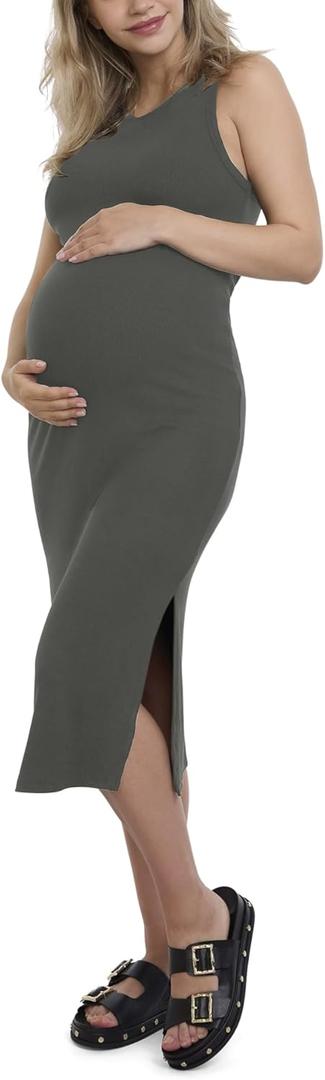 Motherhood Maternity Women's Sleeveless Racerback Rib Knit Midi Pregnancy Bodycon Dress (Medium)