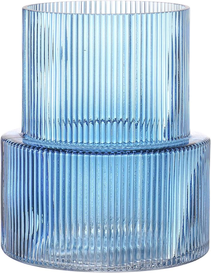 Blue Glass Vase, Ribbed Glass Vase for Tulips, Flower Vases for Bouquet, Blue Modern Vases for Living Room, Dining Table, Entryway, Mantle, Shelf, Wedding, Office, 7.5 Inches