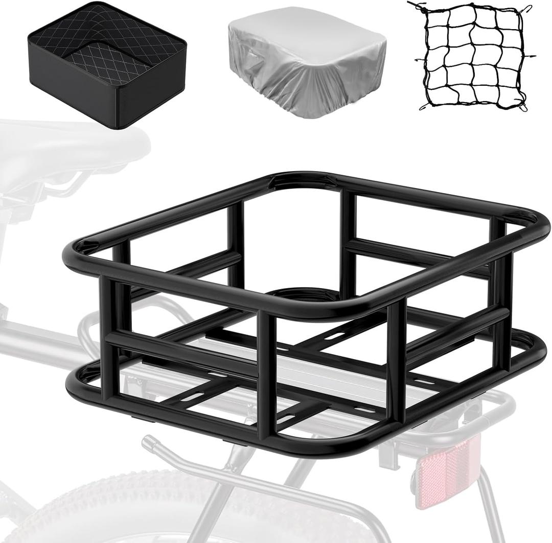 Bike Basket Rear with Cargo Net and Liner Large Bicycle Basket Electric Bicycle Basket Rear Ebike Large Rear Bike Basket Rack with Waterproof Cover Cargo Net
