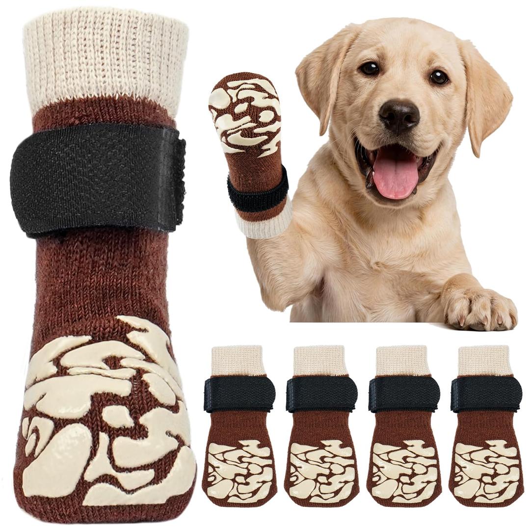 Kuoser Non-Slip Dog Socks, 4 Pcs Socks to Prevent Licking Paws, Paw Protectors for Hot Pavement, Hardwood Floors, Traction Control for Small, Medium, Large Dogs 2M