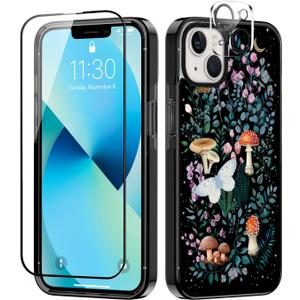 Designed for iPhone 13 Case Cute Floral Garden Mushroom Protective Phone Case Cover 6.1" Screen Protector + Camera Lens Protector【2X Military Grade Drop Tested / 6.6ft Drop Protection】