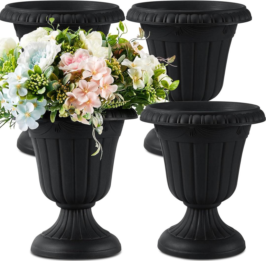 Zhehao 4 Pcs Plastic Urn Planter 10 x 11.5 Inch Black Classic Flower Pots Front Porch Planters Indoor Outdoor Planters with Pedestal for Wedding Party Bridal Shower Garden Patio Home Decor