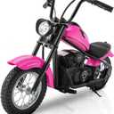 ELEMARA Electric Dirt Bike, 24V Ride on Toy for Big Kids,15 mph & 150lb Max, Kids Motorcycle w/Raised Handlebars, Power Display, Twist-Grip Throttle,Shock Springs, Key Start,Handbrake, 12" Tires-Pink