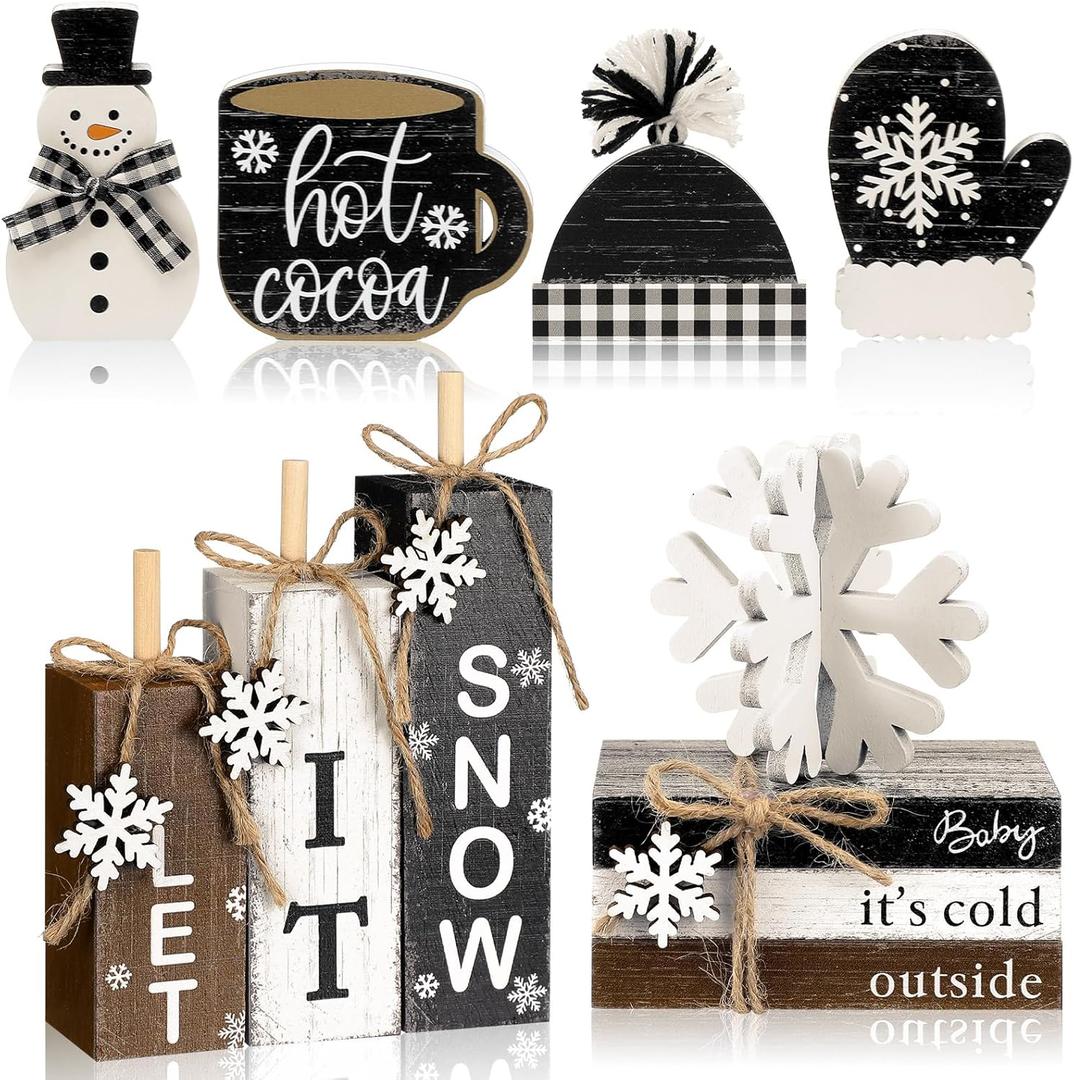 11 Pcs Winter Table Decorations Winter Tiered Tray Decor Snowflake Snowman Centerpiece Decorative Wood Books Let It Snow Table Top Decor Wooden Snow Sign