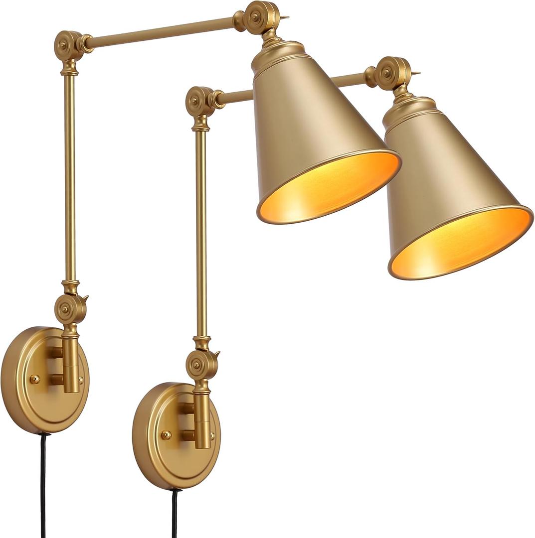 SUNLLOK 2PCS Modern Swing Arm Plug in Wall Sconces - Rustic Adjustable Gold Lampshade Hanging Wall Light Fixture - Industrial Metal Reading Wall Mounted Lamp Decoration for Living Room, Kids Bedroom