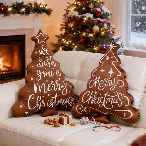 Lanpn Christmas Tree Pillows Set of 2, Merry Christmas Decoration Winter Throw Pillows Soft Cute 3D Shaped Xmas Tree Throw Cushion for Sofa Living Room Bedroom Xmas Decor (16x21 inch, Brown)