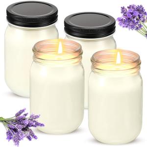 MTLEE 4 Pack 12 oz Mason Jar Candle Soy Candles with Essential Oils Scented Soy Wax Candles for Home Valentine Wedding Birthday Gift Farmhouse Collection Baby Shower Party(Lavender)