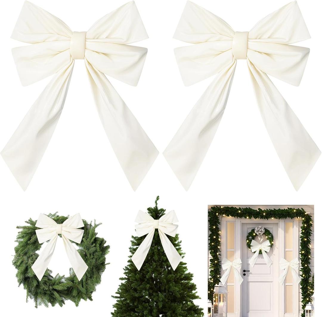 Hungdao 2 Pack Large White Wreath Bows 12x18 Waterproof Fabric Bows Outdoor Wedding Decorative Farmhouse Ornaments for Valentine Wedding Party Hanging Wall Front Indoor Decor