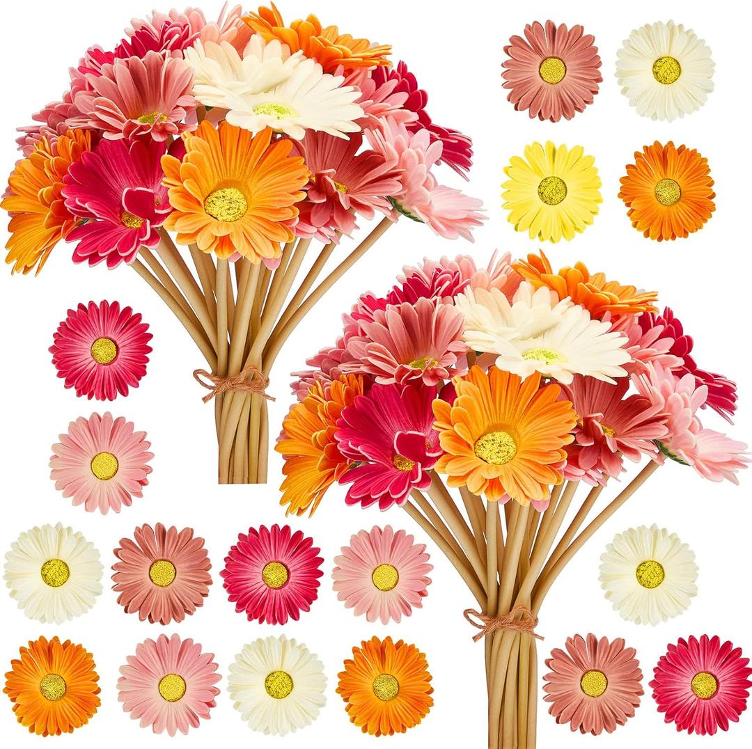 WILLBOND 36 Pcs Artificial Gerbera Daisies Flowers 15 in Pink and Orange Fake Daisy Bouquet with Flexible Stems Boho Faux Wildflower for Wedding Bridal Groovy Party Home Kitchen Decor, 6 Colors