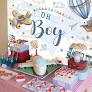 Airplane Oh Boy Baby Shower Backdrop Travel Around The World Adventure Begins Background Hot Balloon Up Up and Away Decorations Adventure Awaits Banner with Copper Grommets